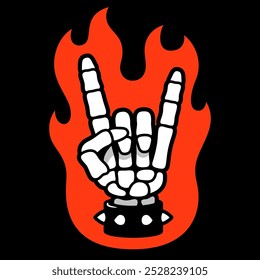 Skeleton hand making rock sign on fire. Heavy metal hand gesture in cartoon comic style. Music fan hand with spiked leather bracelet. Vector illustration.