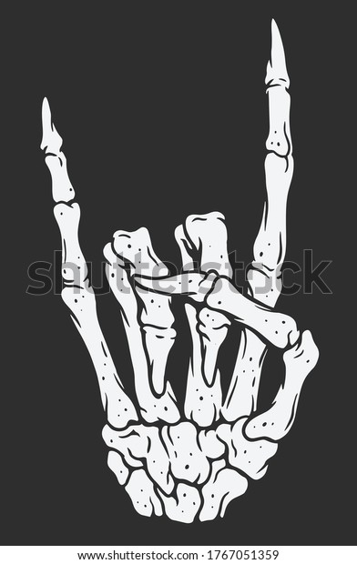 Skeleton hand making rock sign. Vintage\
illustration style.