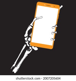 Skeleton hand with orange smartphone. Empty space on screen.