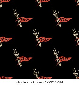 SKELETON HAND WITH PENNANT COLOR SEAMLESS PATTERN BLACK BACKGROUND