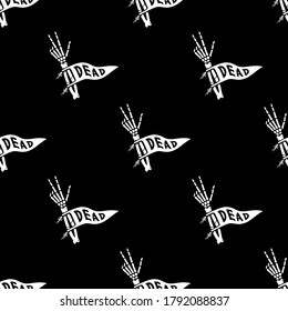 SKELETON HAND WITH PENNANT WHITE SEAMLESS PATTERN BLACK BACKGROUND