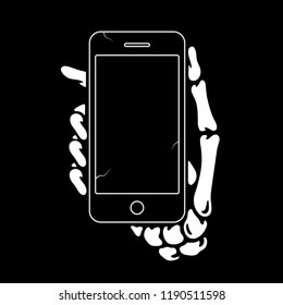 SKELETON HAND WITH PHONE BLACK BACKGROUND