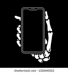 SKELETON HAND WITH PHONE BLACK BACKGROUND