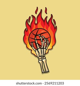 
skeleton hand playing basketball with fire