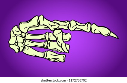 Skeleton hand with pointing finger. Hand drawn Halloween greeting card celebration design element. Holiday vector illustration over purple.