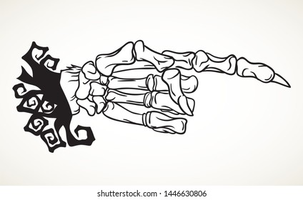 Skeleton hand with pointing finger. Hand drawn Halloween celebration design element symbol. Vector illustration in black isolated over white.