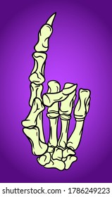 Skeleton hand with pointing finger. Hand drawn Halloween greeting card celebration design element. Holiday vector illustration over purple.