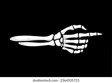 Skeleton hand pointing gesture. Isolated vector skeletal arm extends, bony finger stretched forward, indicating a chilling direction with eerie precision, embodying the macabre essence of Halloween
