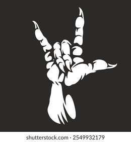 A skeleton hand is positioned to display the iconic rock and roll gesture. The stark white design contrasts against a dark background creating a striking visual.