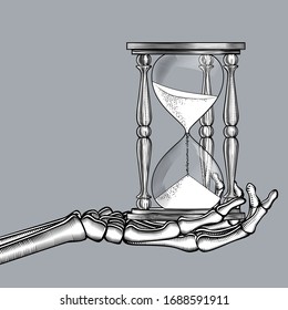 Skeleton hand with a retro hourglass. Vintage engraving stylized drawing. Vector Illustration