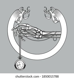 Skeleton hand with a retro pocket watch and ribbon banner. Vintage engraving stylized drawing. Vector Illustration