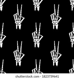 SKELETON HAND WITH RINGS SEAMLESS PATTERN WHITE BLACK BACKGROUND