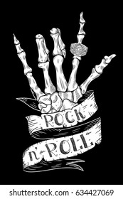 Skeleton Hand Rock N Roll Sign with typography on ribbon / T-shirt print / hand drawn illustration. Vector