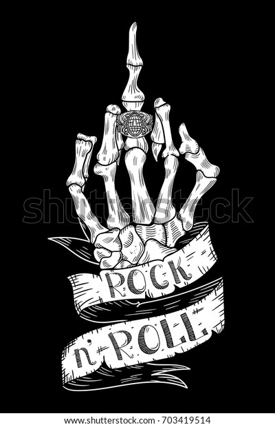 Skeleton Hand Rock Nロールファックリボンにタイポグラフィーを使ってサイン Tシャツプリント 手描きのイラスト ベクター画像 のベクター画像素材 ロイヤリティフリー