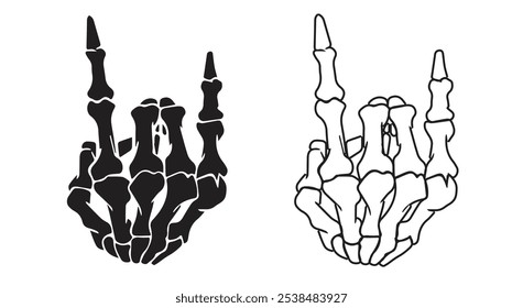 Skeleton hand rock sign. Anatomy Skeleton Hand, Rock Sign. Rock and roll hand gesture, vector illustration isolated on white.