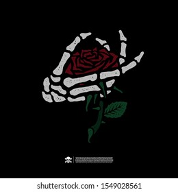 Skeleton hand and rose. Design for printing on t-shirts, stickers and more. Vector.