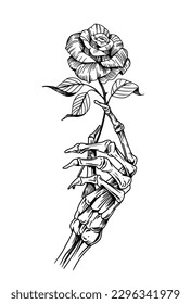 Skeleton hand with rose. Hand drawn vector sketch. Black outline on transparent background