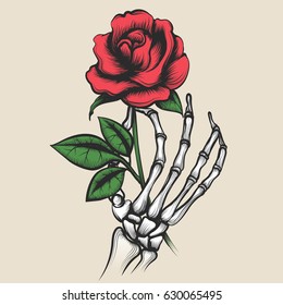 Skeleton hand and rose in tattoo style  Red rosebud in bony fingers vector illustration