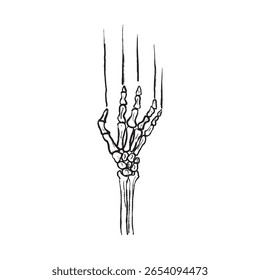 A mão de esqueleto está coçando a parede em textura de traço de pincel preto isolado no branco. Ilustração de esboço de vetor desenhado à mão em tinta de carvão vegetal. Design de logotipo de horror, sala de busca, feliz Halloween