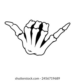 Mano de esqueleto con signo de shaka. Ilustración vectorial