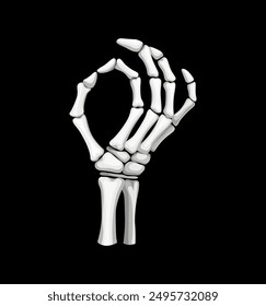 Skeleton hand show ok gesture, isolated vector skeletal arm with bony fingers forming a circle and thumb touching, symbolizing approval or agreement, blending the macabre with a sign of affirmation