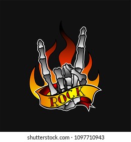 Skeleton hand showing horns gesture, burning flame and ribbon with text Rock . Old-school tattoo design. Vector design for sticker