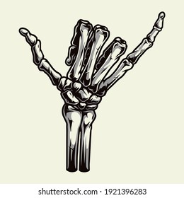 Skeleton hand showing surfer shaka sign in vintage style isolated vector illustration