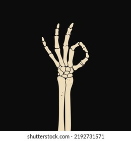 Skeleton hand shows ok sign. Hand drawn modern Vector illustration. Halloween concept. Cartoon style. Isolated on black. Poster, print, design template