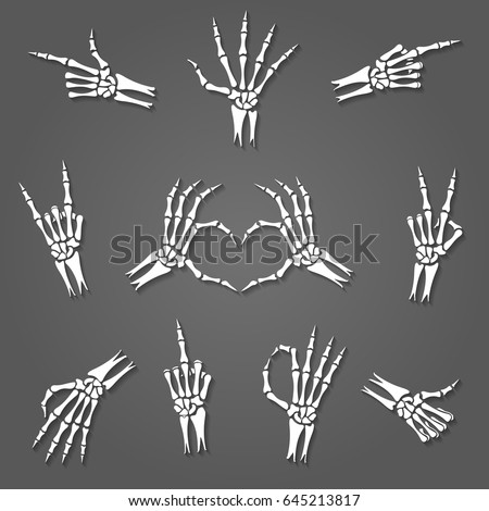 Skeleton hand signs isolated on grey background. Xray arm bones or hands gestures vector illustration