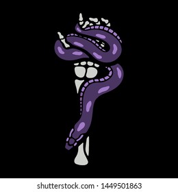 Skeleton hand and snake color on black background
