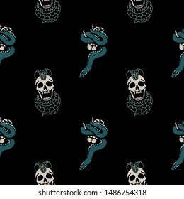 Skeleton hand and snake color seamless pattern