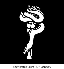 Skeleton hand and snake on black background