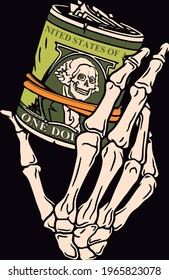 skeleton hand taking a roll of dollars with black background and the illustrated dollar character in skeleton form