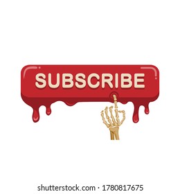 Skeleton hand touch and click subscribe button to online video streaming channel promotion symbol in cartoon illustration vector on white background