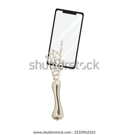Skeleton hand using a cellphone, creepy Halloween theme, tech and spooky elements combined
