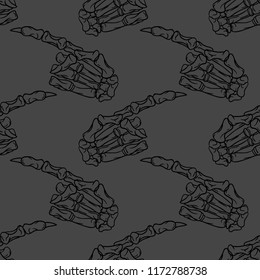 Skeleton hand vector Halloween seamless pattern. Design background for party poster. Hand drawn cartoon illustration in black and dark grey.