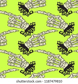 Skeleton hand vector Halloween seamless pattern. Design background for party poster. Hand drawn cartoon illustration. Objects isolated over acid green.