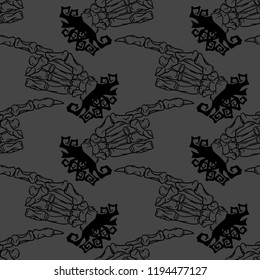 Skeleton hand vector Halloween seamless pattern. Design background for party poster. Hand drawn cartoon illustration in black and dark grey.