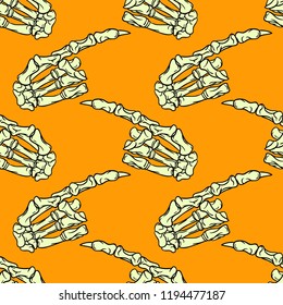 Skeleton hand vector Halloween seamless pattern. Design background for party poster. Hand drawn cartoon illustration. Objects isolated over orange.