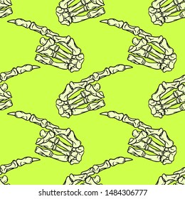 Skeleton hand vector Halloween seamless pattern. Design background for party poster. Hand drawn cartoon illustration. Objects isolated over acid green.