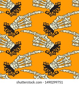 Skeleton hand vector Halloween seamless pattern. Design background for party poster. Hand drawn cartoon illustration. Objects isolated over orange.