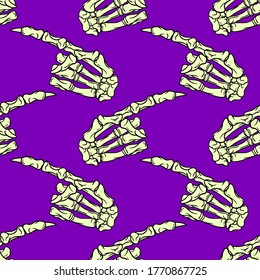 Skeleton hand vector Halloween seamless pattern. Design background for party poster. Hand drawn cartoon illustration. Objects isolated over purple.