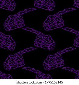 Skeleton hand vector Halloween seamless pattern. Design background for party poster. Hand drawn cartoon illustration in black and purple.