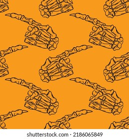 Skeleton hand vector Halloween seamless pattern. Design background for party poster. Hand drawn cartoon illustration in black and orange.