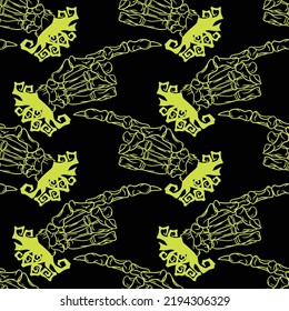 Skeleton hand vector Halloween seamless pattern. Design background for party poster. Hand drawn cartoon illustration in acid green over black.