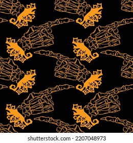 Skeleton hand vector Halloween seamless pattern. Design background for party poster. Hand drawn cartoon illustration in black and orange.