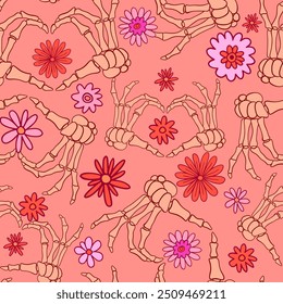 Skeleton Hands Floral Halloween Seamless Pattern