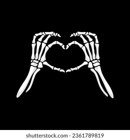 Skeleton hands form a heart shape gesture, symbolizing love and unity. Isolated cartoon vector eerie yet poignant gesturing captures essence of life and death intertwined, forming heart-shaped frame