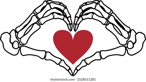 Skeleton Hands Forming Heart with Red Heart Romantic Illustration
