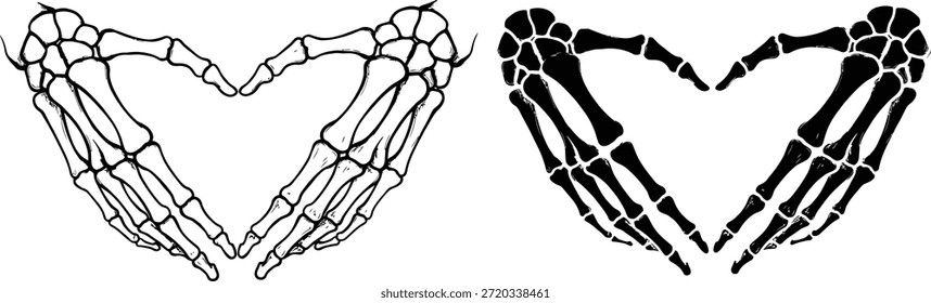 Manos de esqueleto que forman la forma del corazón – Amor gótico e ilustración de anatomía
